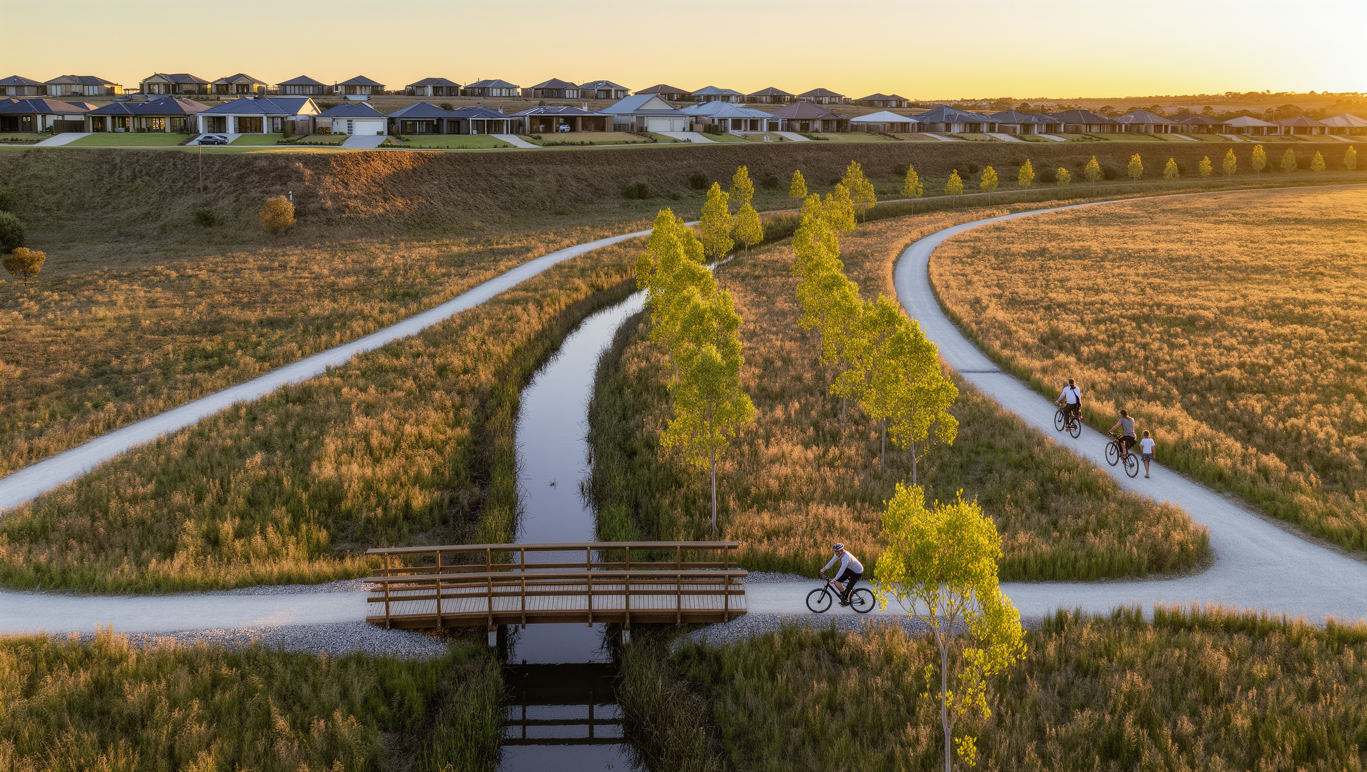 Landscaped creek reserve with walking paths and native planting