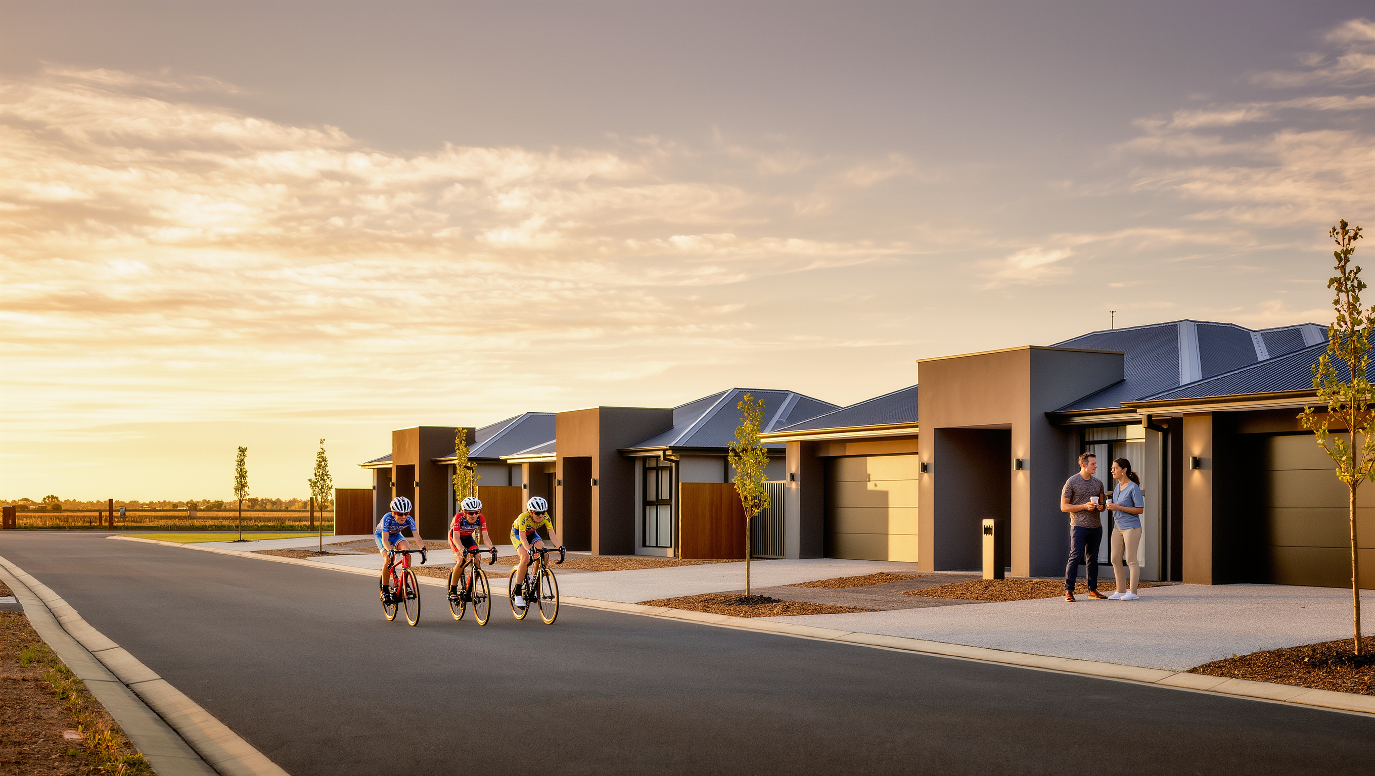 Tree-lined residential street in a new Melbourne community at golden hour